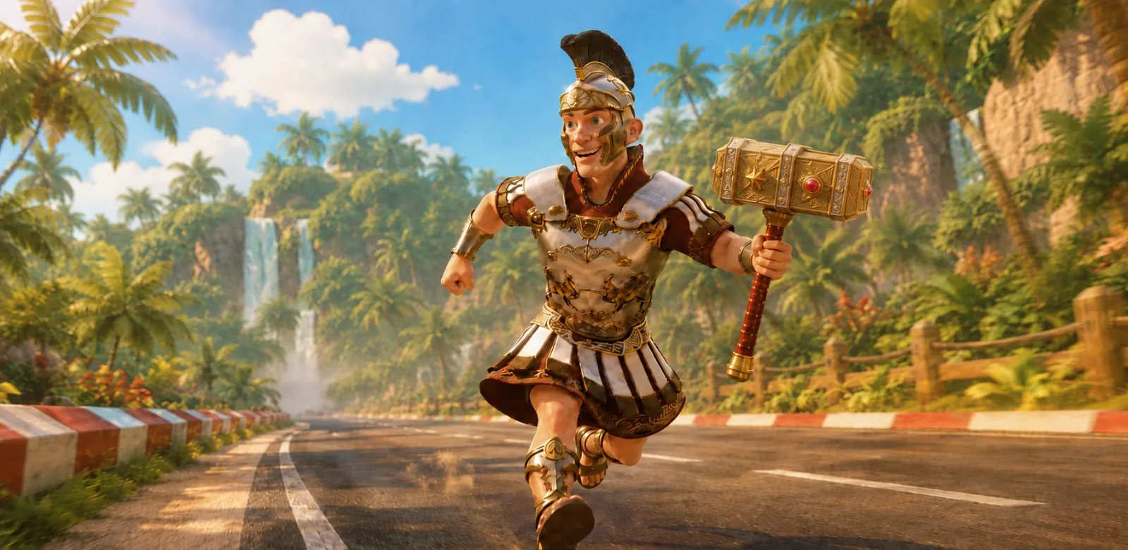 A Hammer League fighter in legionary armour standing over a cracked stone hammer.